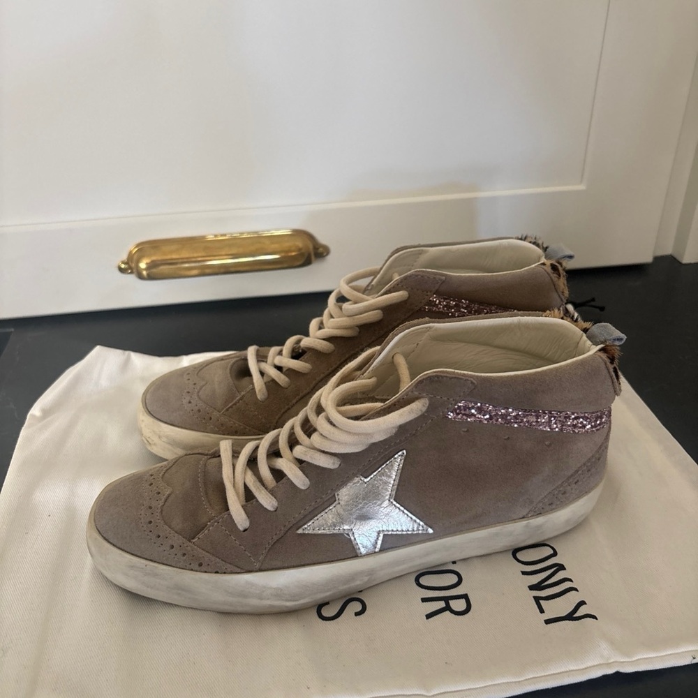 Golden Goose Tan Midi High-Tops with Silver and Pink Accents - worn 1x! Size 38